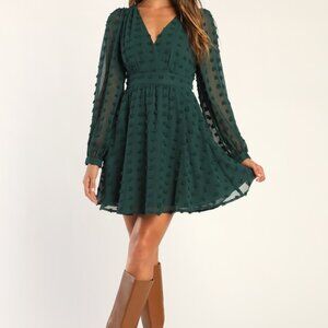 Lulus Always On Repeat Emerald Green Clip Dot Long Sleeve Mini Dress - Size XL